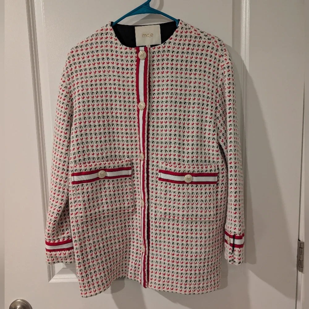 Maje Checked Cotton-Blend Tweed Jacket with Gold Crest Buttons - Picture 3 of 12